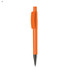 An orange plastic pen with a click mechanism and a simplistic design, featuring a clip and chrome trim.