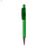 A green plastic pen with a clear barrel and a silver tip, featuring a clip design. It has a logo on the barrel.