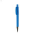 A blue plastic pen with a silver tip and a clip, featuring a logo on its side.