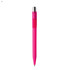 A bright pink plastic pen with a clear top and silver detailing. The pen features a logo.