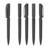 A collection of five sleek black pens with different caps and clip designs. Each pen features a glossy finish and branding.