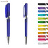 A blue plastic pen with a silver clip, alongside a selection of brightly coloured pens in various shades.