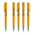 A collection of transparent orange plastic pens with silver accents, featuring different views and a cap design.