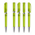 A set of transparent green plastic pens with silver accents and retractable tips, featuring a logo on the side.