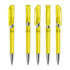 A set of bright yellow plastic pens with transparent bodies and silver accents, featuring retractable mechanisms.