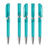 A set of transparent turquoise plastic pens with silver accents and retractable tips, featuring a logo.