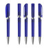 A set of blue plastic pens with silver accents and removable caps, featuring a sleek, modern design.