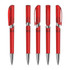 A set of five transparent red plastic pens featuring silver accents and clips. Each pen has a different position and cap style.