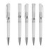 A clear plastic pen with silver accents, featuring a transparent barrel and a retractable mechanism.