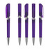 A collection of five plastic pens featuring a transparent purple design with silver accents and clips.