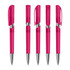A set of five transparent pink plastic pens with silver accents and clips. Each pen features a different design.