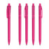 A set of five pink plastic pens with transparent bodies and clip mechanisms, arranged in a row.