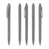 A set of five high-gloss grey plastic pens with chrome accents, featuring a logo on each pen.