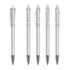 Five transparent plastic pens with grey tips, featuring clear barrels and caps. They also have a logo.