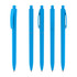 A set of five blue plastic pens with different clip designs, featuring a branding logo on each pen.