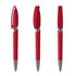 A red plastic pen with a silver clip and tip, showcased from three angles. It features a logo on the body.