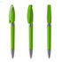 A plastic pen in bright green, featuring a click mechanism and silver accents. The pen has a branding logo.