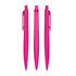 Three bright pink plastic pens displayed from different angles, featuring a simple design and a clip for attachment.