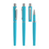 A blue rollerball pen with a soft-touch finish, featuring a clip and silver accents. It includes various positions of the pen.