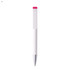 A plastic pen with a white body and a pink top, featuring a silver clip and tip, and a branding logo.