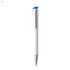 A plastic pen in white with a blue cap and a silver tip, featuring a logo on its body.