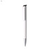 A white plastic pen with a silver tip and clip, featuring a logo on its body.