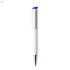 A plastic pen in white with a blue clip and a silver tip. It features a logo on the barrel.