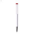 A plastic pen in white with a red top and a shiny silver tip, featuring a branding logo.
