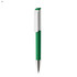 A green plastic pen with a white clip and a silver tip, featuring a logo on its side.