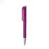 A purple plastic pen with a transparent cap and silver detailing, featuring a branding logo.