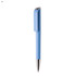 A blue plastic pen with a sleek design and a silver tip, featuring a logo on its body.