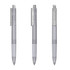 A transparent plastic pen in grey, featuring a clip and a smooth cylindrical body. The pen has a branding logo.