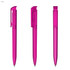 A set of three vibrant pink plastic pens, detailing different angles, featuring a simple design and a logo.