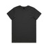 A black t-shirt displayed flat, featuring a round neck and short sleeves, with a branding label inside the collar.