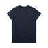 A navy blue T-shirt with a simple design and a logo. The back view shows a smooth, plain surface.