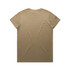 A plain khaki T-shirt featuring a simple design and a logo on the back.