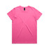 A pink T-shirt featuring a round neckline and a logo on the label. No other details are visible.