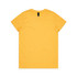 A yellow t-shirt with a round neckline and short sleeves. It features a logo at the neck.