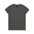 A plain dark grey t-shirt with a round neckline and short sleeves, featuring a logo on the label.