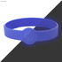 A navy blue silicone wristband with a circular design element and a prominent logo area.