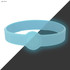 A light blue silicone wristband with a circular imprint area and a glowing effect.