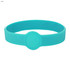 A teal silicone wristband with a circular centre design. Includes a logo.