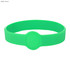 A bright green silicone wristband with a round centre design, suitable for custom branding.