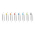 A row of plastic pens in various colours including yellow, orange, red, blue, green, and black, with white bodies and branding.