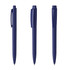 A set of navy blue plastic pens displayed from multiple angles, each featuring a clip and smooth barrel.