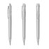 Three transparent plastic pens with a sleek design, featuring varying angles and a subtle silver clip.