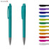 A set of transparent plastic pens in various colours, featuring a silver clip and tip. The product has a logo on it.