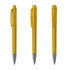 A set of transparent yellow plastic pens with silver tips and clips, displayed from different angles.