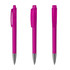 Three transparent pink plastic pens with silver tips, featuring a clip and a logo on the barrel.
