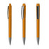 A clear orange plastic pen with a chrome tip and a clip, displaying three different angles.